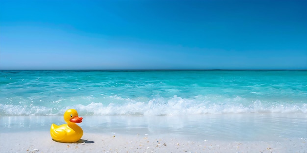 Summer holiday illustration with yellow duck toy on beach in sunny day