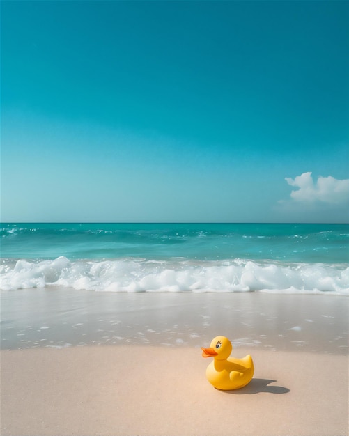 Summer holiday illustration with yellow duck toy on beach in sunny day