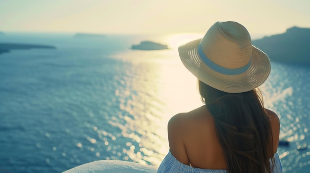 Summer holiday with young woman in hat at happy freedom lifestyle in Aegean sea me Generative AI