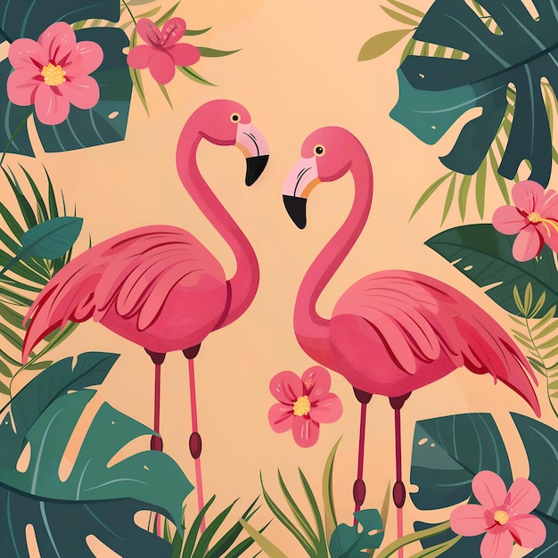 Summer holidays banner Two pink flamingos against exotic flowers palm leaves jungle leaf Beautiful