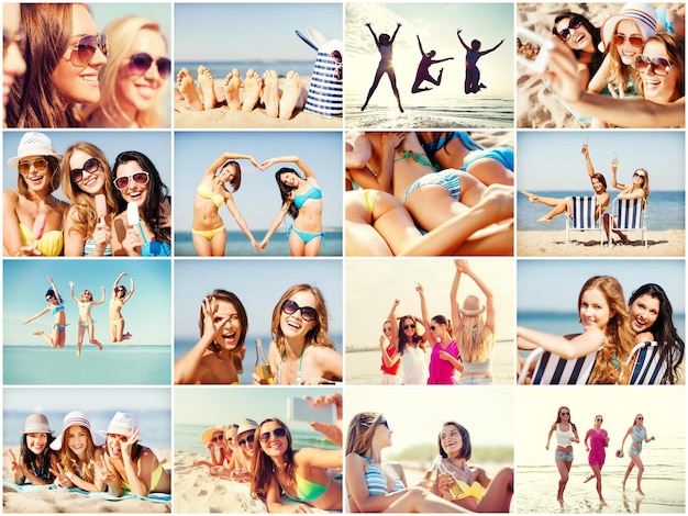 summer holidays and vacation concept - collage of many pictures with pretty girls having fun on the beach and taking selfie