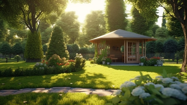 Summer house in a picturesque backyard green garden landscape with a fresh Generative AI