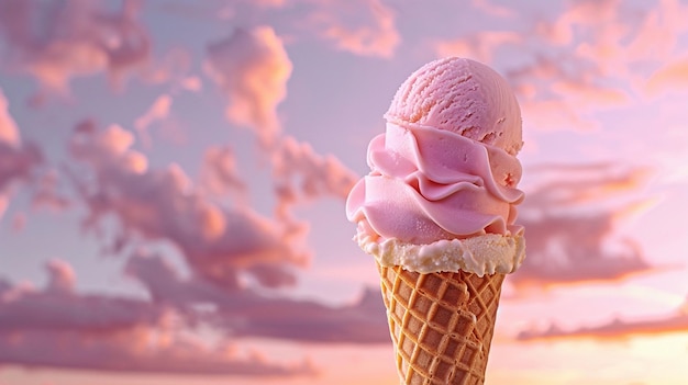 Summer Ice Cream Cone on Cloudy Day Background