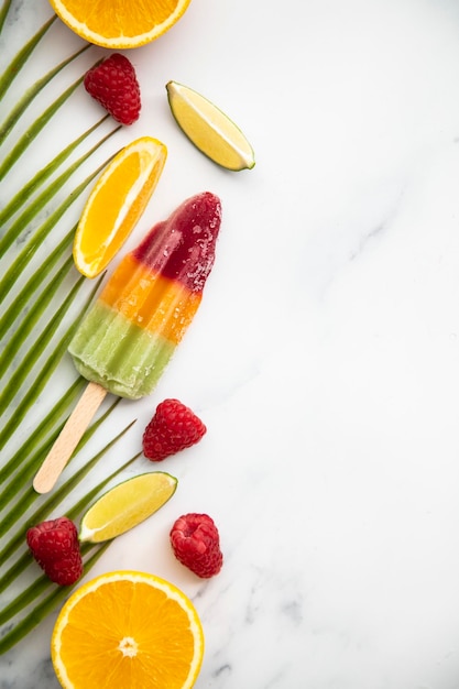 Summer ice lollies with fruit and a tropical palm leaf