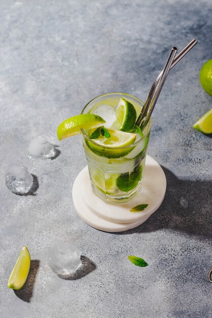 Summer iced refreshment cocktail mojito with ice cubes