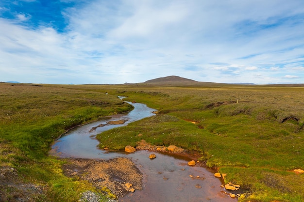 Summer Iceland Landscape with River and Bright Blue Sky