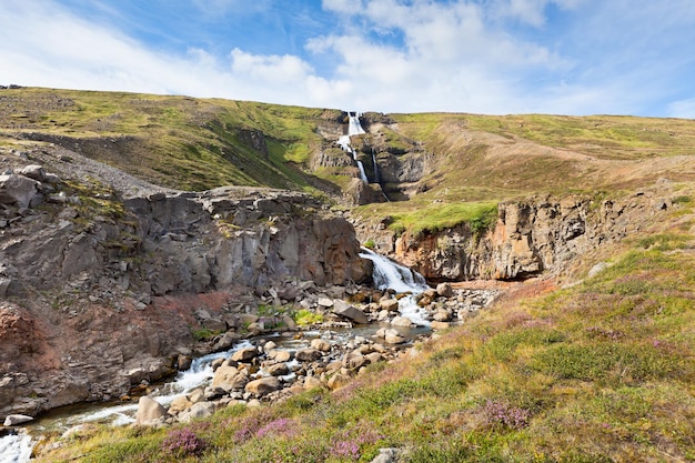 Summer Iceland Landscape with Waterfall and Bright Blue Sky