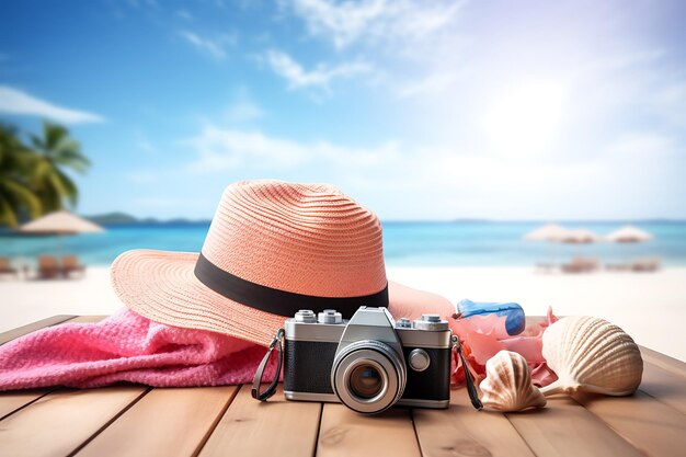 Summer idea Concept of Beach accessories consist vintage camera hat and bunch of shells