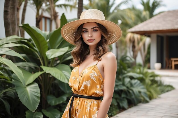 Summer image of young beautiful woman in straw hat and trendy outfit posing in modern stylish tropic