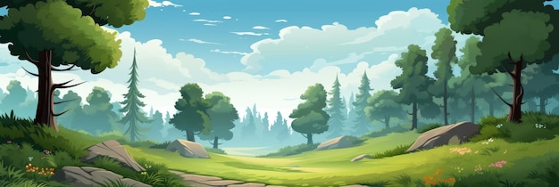 Summer Landscape in Cartoon Forest Seamless Handdrawn with Layers of Trees Stones Bushes