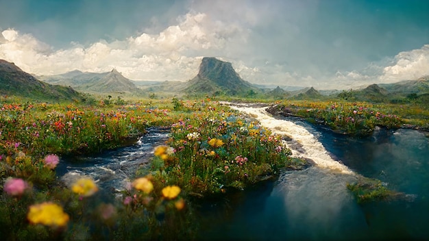 The summer landscape of a flower field with trees and green grass and grass mountains on the horizon