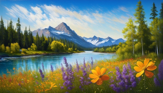 summer landscape flowers on the river bank with trees and mountains in the background oil paintin