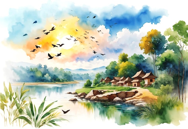 Summer Landscape greenery village view behind the River blue sky amp flying birds watercolor scenery