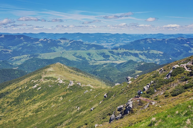 Summer landscape in mountains and the dark blue sky