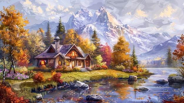 Summer Landscape oil painting Charming Cottage by a Serene River with Vibrant Autumn Foliage