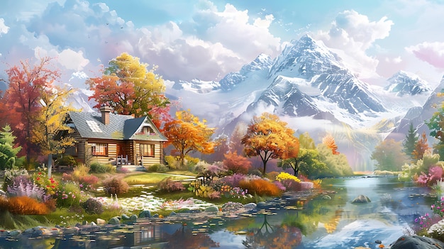 Summer Landscape oil painting Charming Cottage by a Serene River with Vibrant Autumn Foliage