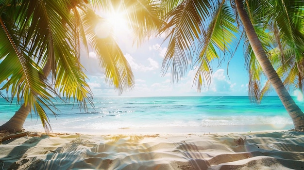 Summer landscape of tropical island Branches of palm trees