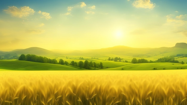 Summer landscape with a field of ripe wheat and hills and dales in the background