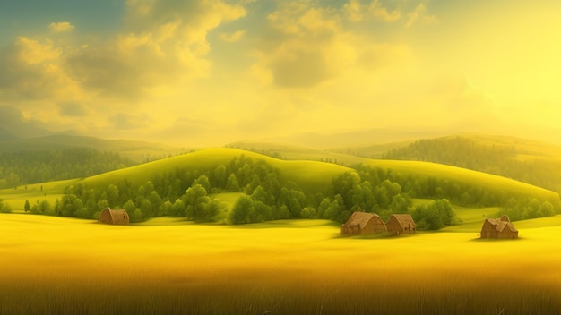 Summer landscape with a field of ripe wheat and hills and dales in the background