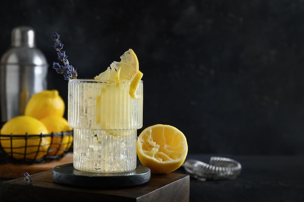 Summer lavender lemonade with lemon in glasses for party