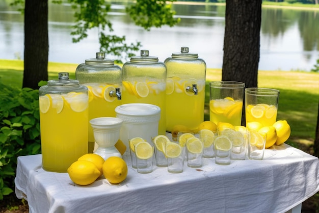 Summer lemonade stand with fresh lemons and cut water glasses created with generative ai