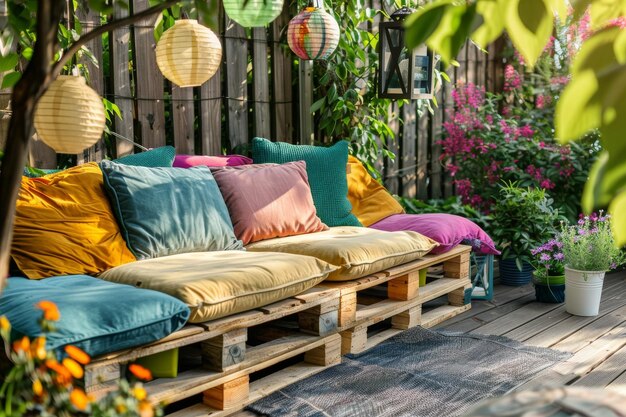 Photo the summer lounge area features pallet furniture and bright cushions