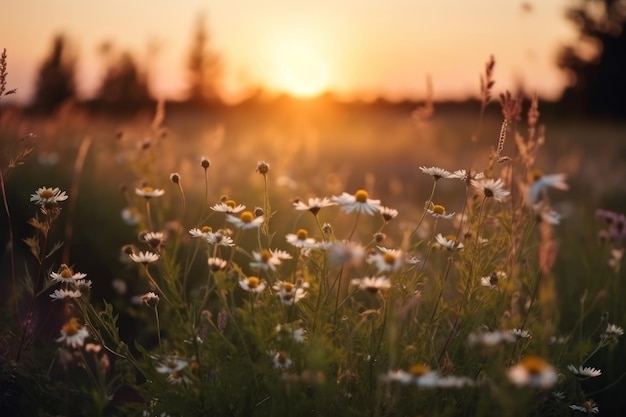 Summer meadow wild flowers sunset Generate Ai