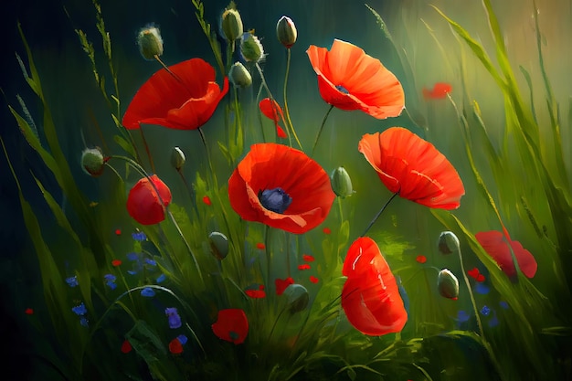 Summer meadow with red poppies nice color Generative Ai