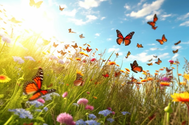 Summer meadow with wildflowers and butterflies Nature background