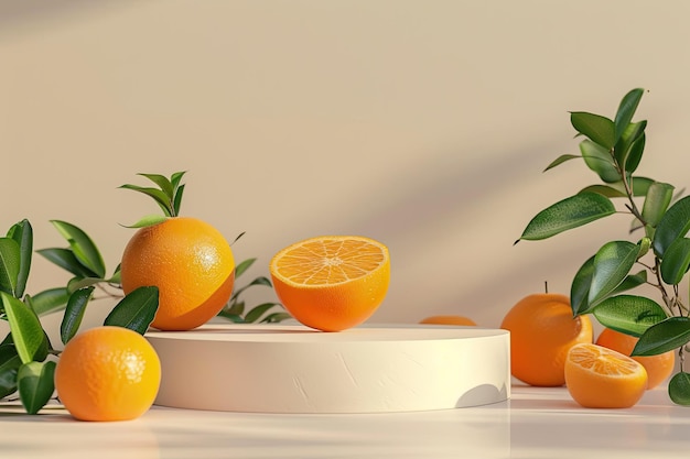 Photo summer mockup podium with orange fruits on beige background