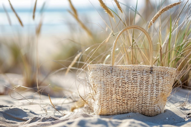 Summer mood Straw bag on sandy beach Generative AI