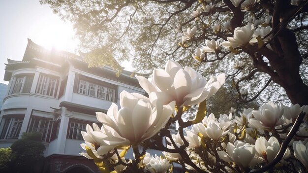 Summer morning Magnolia tree White magnolia blooming