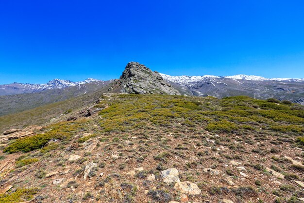 Summer mountain landscape with snow on ridge Sierra Nevada National Park near Granada Spain