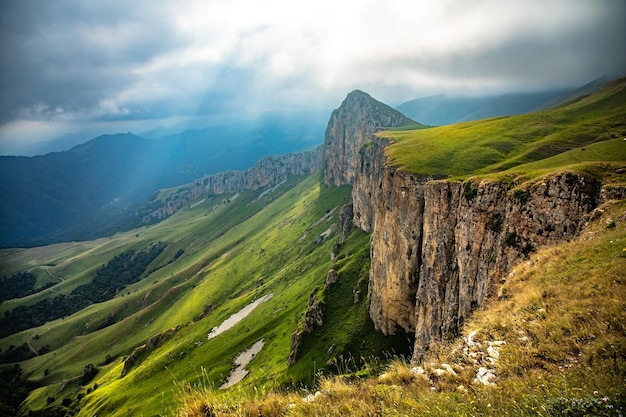 Summer mountains green grass and blue sky landscape