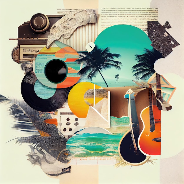 Summer Music Collage Surreal Contemporary Poster Drawing Imitation Abstract Generative AI Illustration