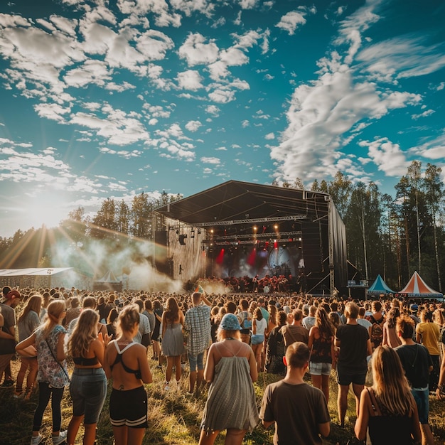 Summer Music Festival Crowd Gathering Around Stage Live Musical Event Image