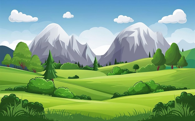 Summer natural landscape with green grass bushes and trees on meadow in foot of high mountains