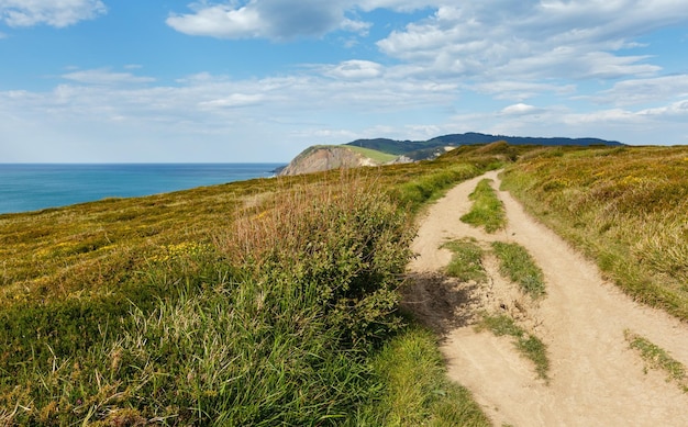 Summer ocean coastline view with country road (near Gorliz, Biscay, Spain).