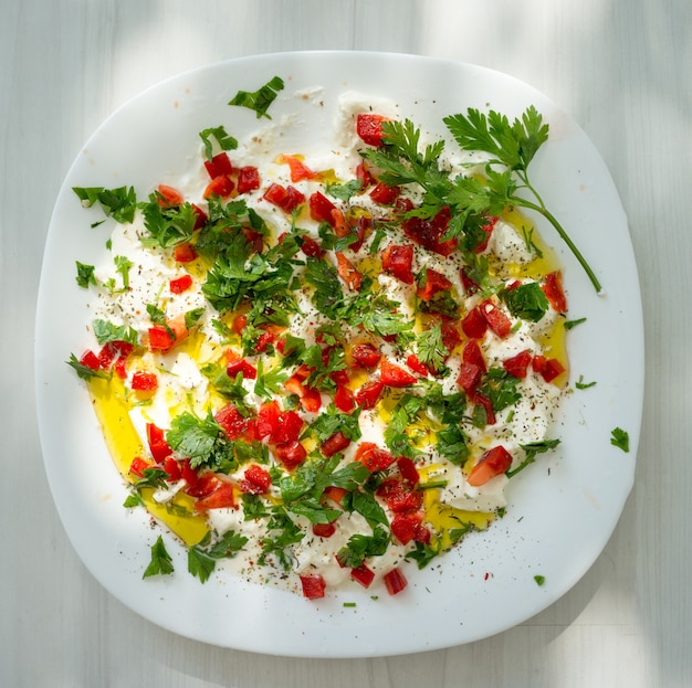 Photo summer organic kitchen preparing food with vegetable ingredients and creamy cheese