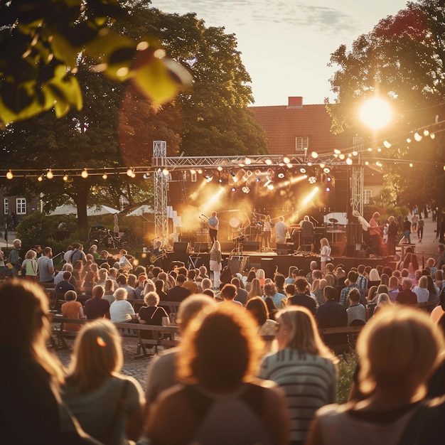 Summer Outdoor Concert Crowd Sitting in Front of Stage Lively Music Event