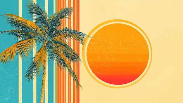 Photo summer palm tree illustration with sun on retro striped background