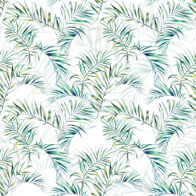 Summer palm tree leaves seamless pattern. Watercolor green branches on white background. Hand drawn exotic wallpaper design