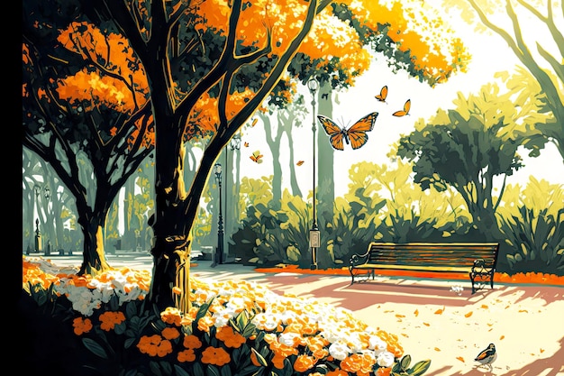 Summer park with orange trees flower and butterfly in sunshine