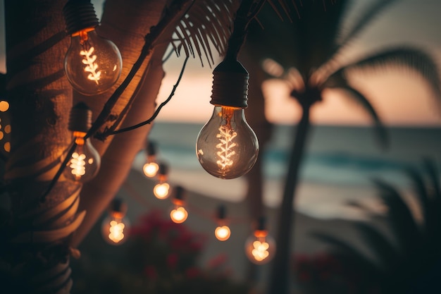 Summer party beach palms light bulb garlands Illustrator AI Generative