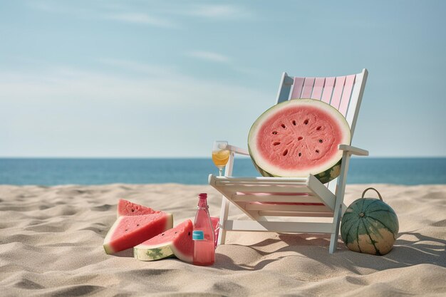 Summer photo with beach elements summer hat fruits watermelon