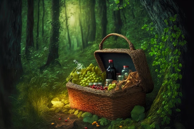 Summer picnic basket in forest with fruits and flowers