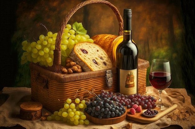 Summer picnic basket with grapes bread and wine