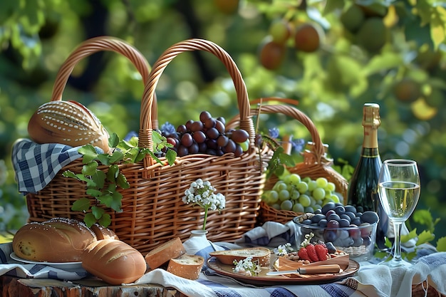 Summer Picnic Basket with Wine and Fruit