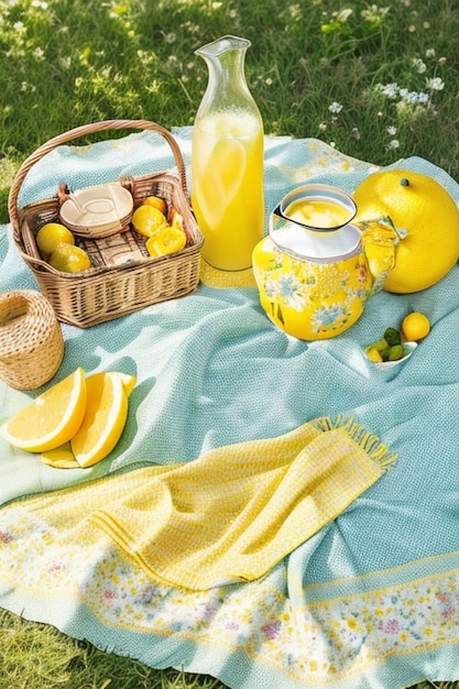 Summer Picnic Juicy Citrus Fruits in Fresh and Appetizing Yellow Container