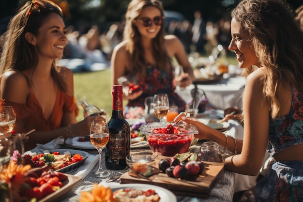 Summer picnic with friends in nature with food and drinks